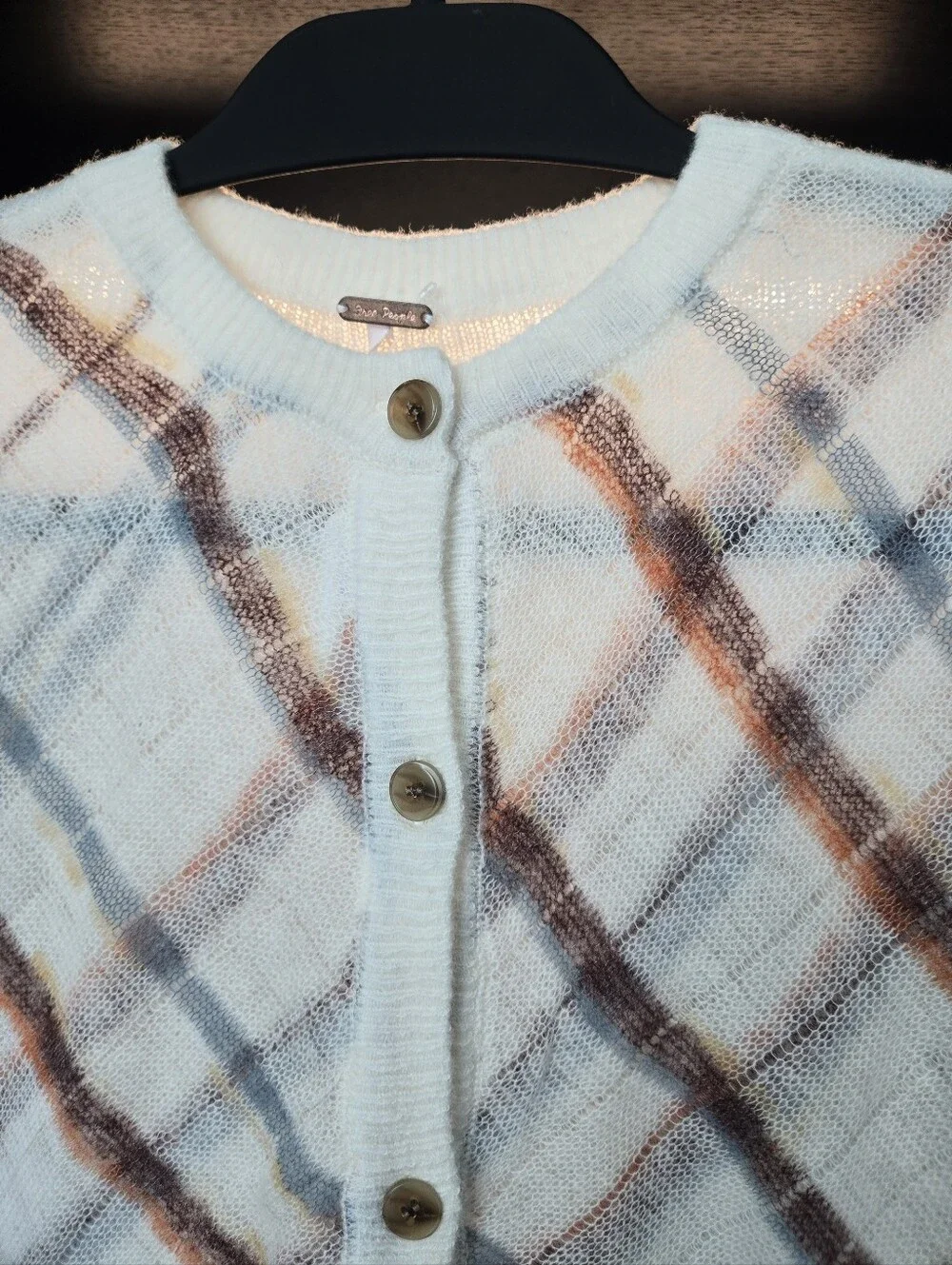 Free People Cream Plaid Cropped Cardigan with Brown and Gray Checks